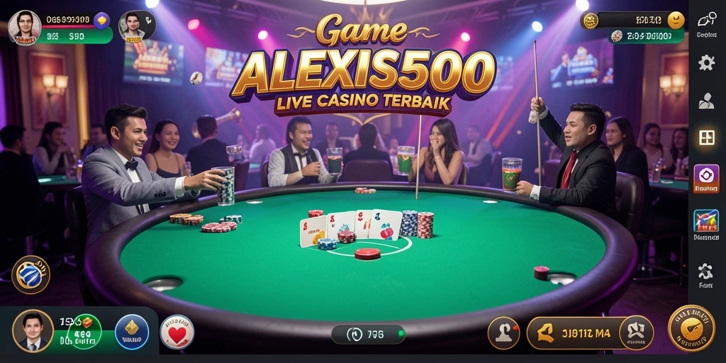 Tangkapan layar utama ALEXIS500 menampilkan dealer langsung dan pemain aktif.