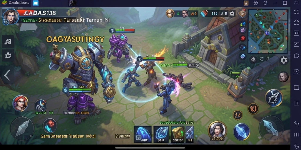 Screenshot gameplay CADAS138 menampilkan pertempuran epik dan pembangunan kerajaan.