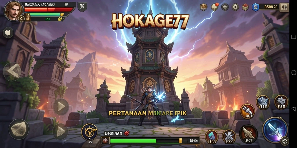 Screenshot gameplay HOKAGE77 menampilkan aksi menara dalam pertempuran.