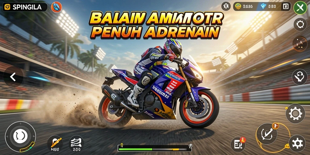 Tampilan gameplay balapan motor di SPINGILA yang seru dan mendebarkan.