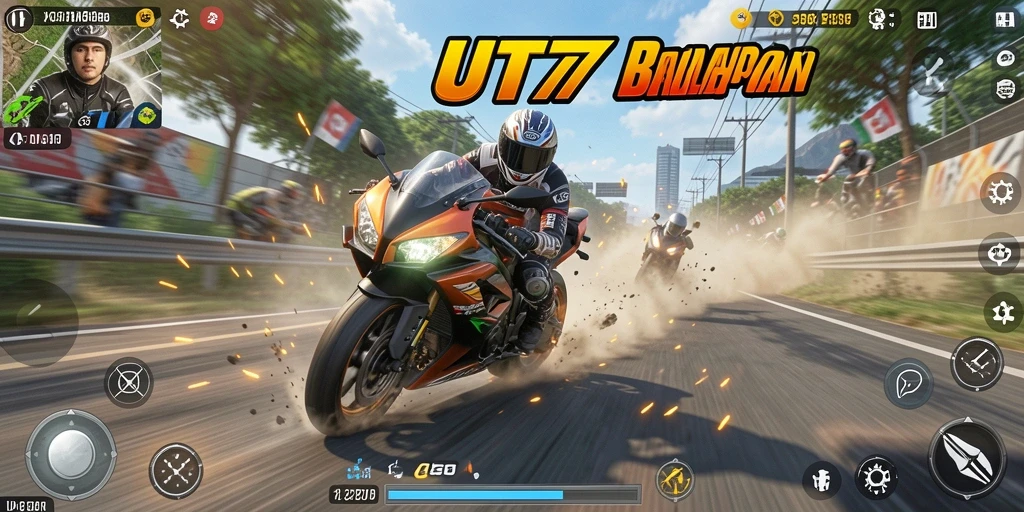 Tampilan aksi balapan motor yang seru dan menegangkan.